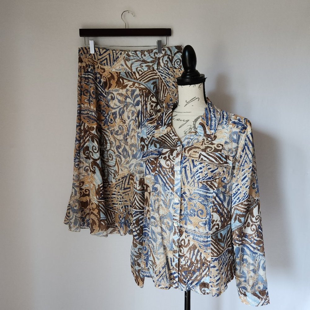 Cynthia Max Linen Blend Hilltribe Printed 2 Piece Shirt and Skirt Multicolor